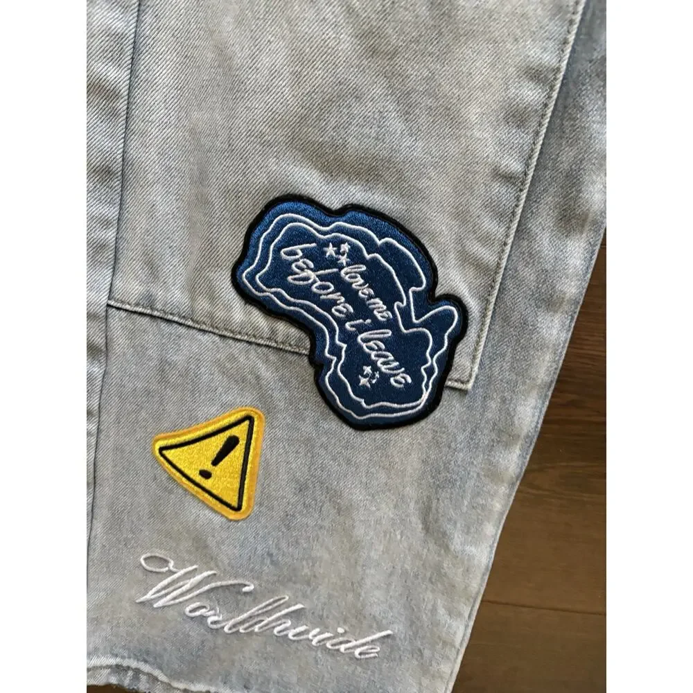 Mixed Emotion “Worker” Jeans Patchwork Graphic Light Wash Streetwear Denim 34/35